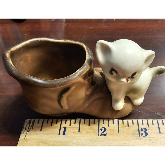 Antique Mid Century Enesco Kitten on Boot Mini Planter Toothpick Holder Trinket - Picture 10 of 11